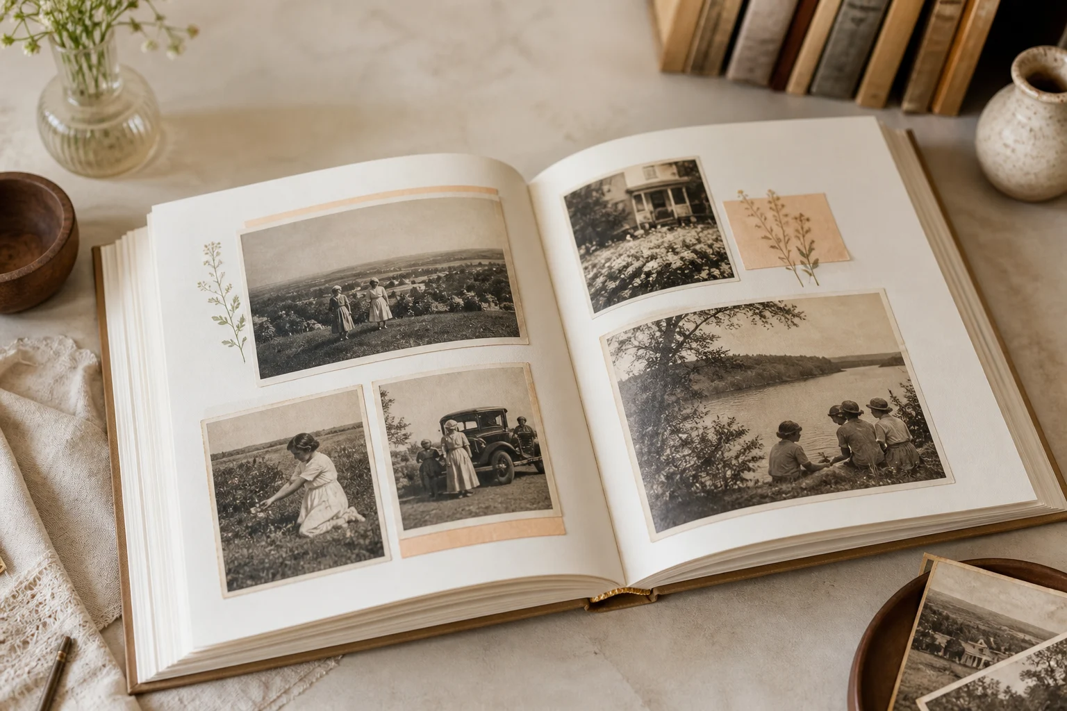Семейный книжный разворот с архивными фотографиями